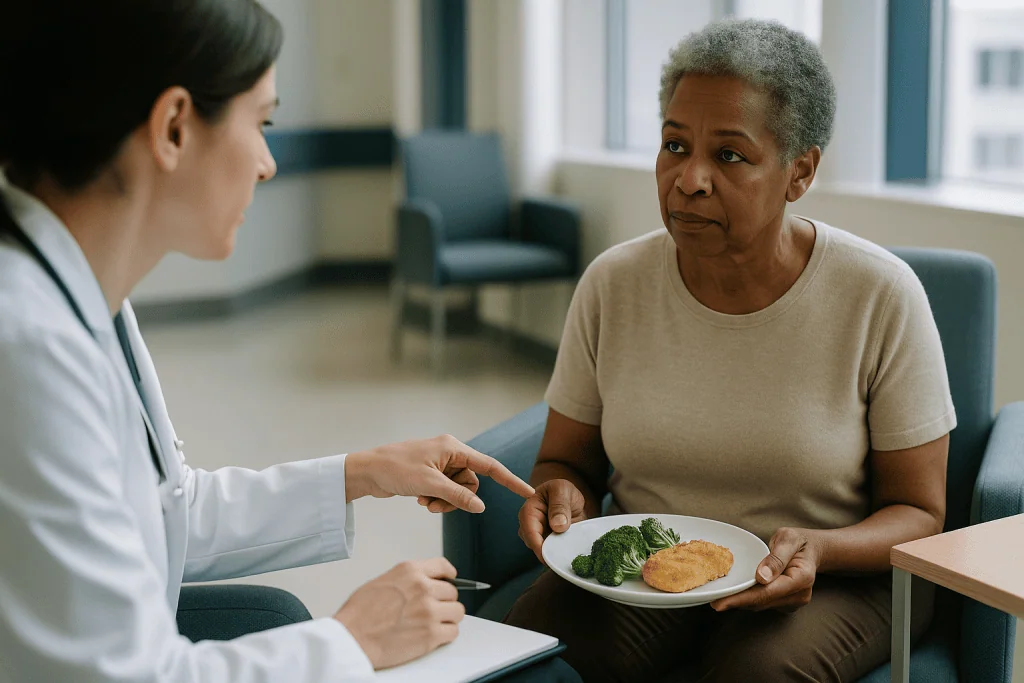 Doctor consulting patient about food and diet — What is the primary cause of secondary hyperparathyroidism?