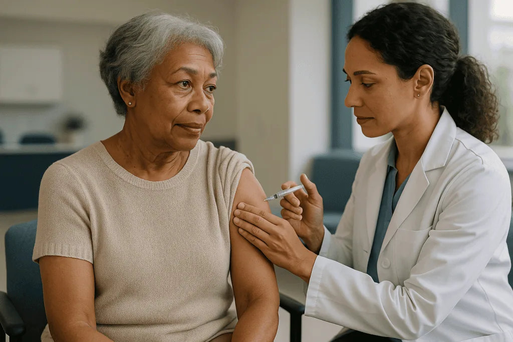 Healthcare provider administering vaccine injection to senior patient: What is the recommended shingles vaccine age in the U