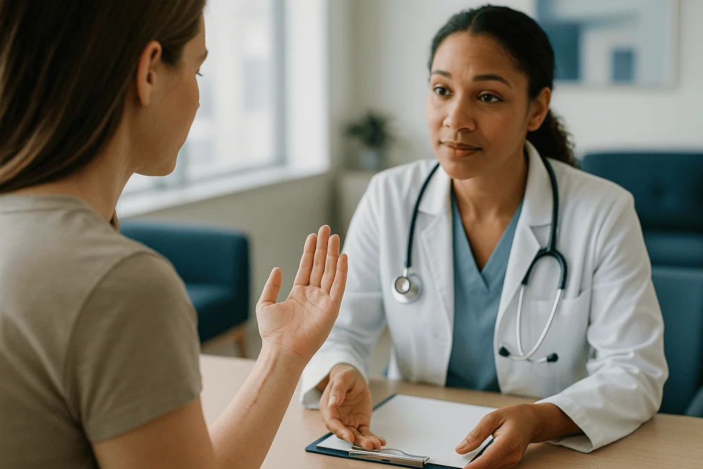 Doctor consulting with patient in office setting: What is the scar maturation timeline, phase by phase?