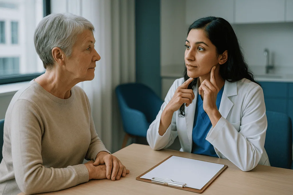 Doctor consulting with older female patient at desk: What is the SMAS, and why surgeons lift it rather than the skin
