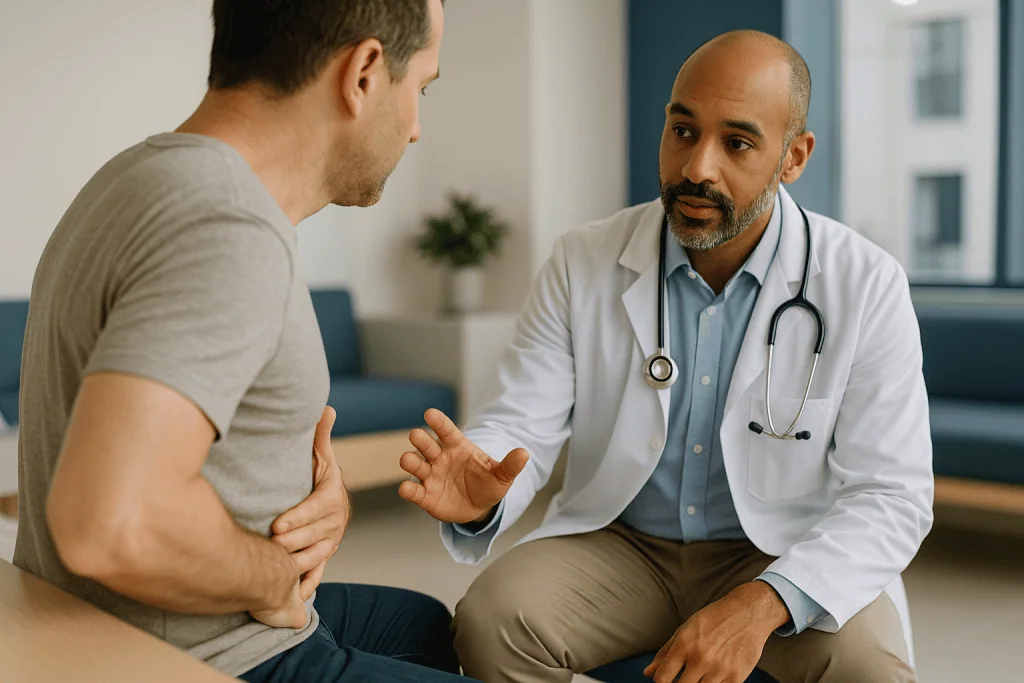 Doctor consulting with patient in clinical setting: What Is the Solar Plexus? The Celiac Plexus, Explained