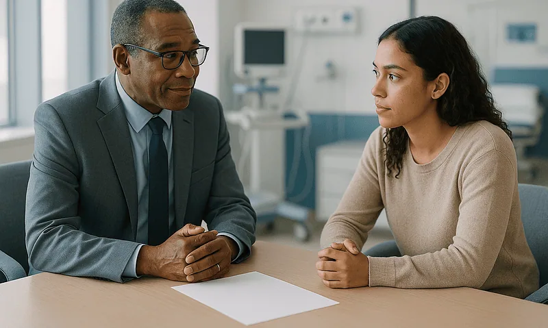 Doctor consulting with a patient in a hospital room.