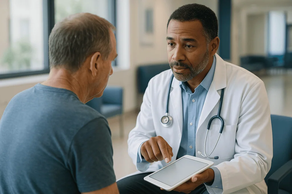 Doctor consulting patient with tablet in clinical setting: What Is the Troponin Normal Range?
