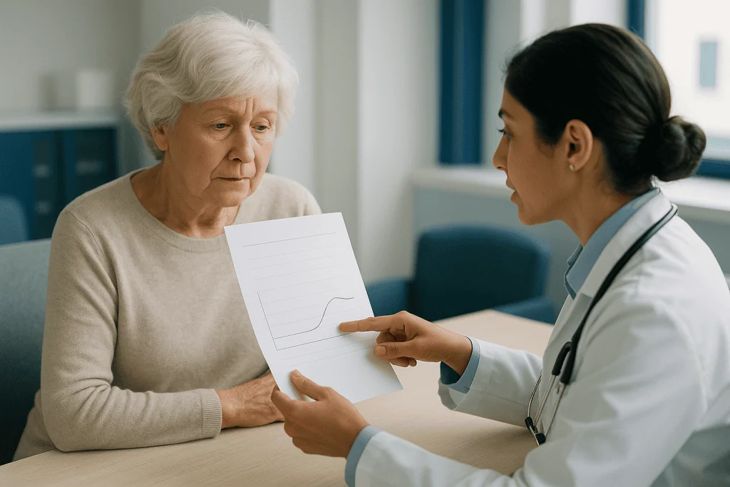 Doctor consulting elderly patient with document: What is the typical CRP level in polymyalgia rheumatica?