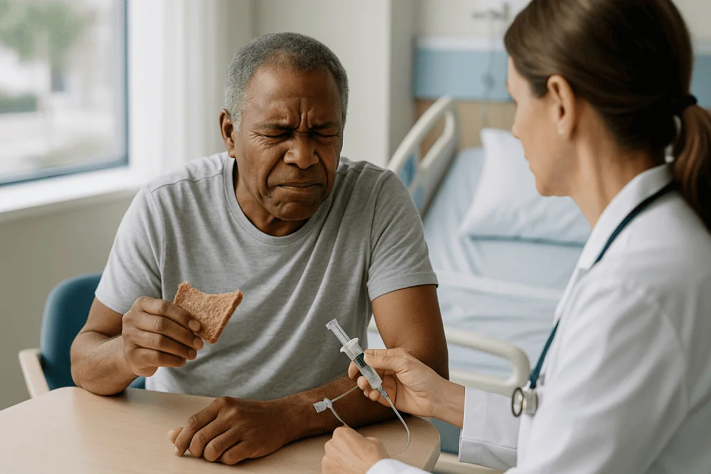 Doctor taking blood sample from patient eating toast: What is tPA for stroke, and why does every minute count?