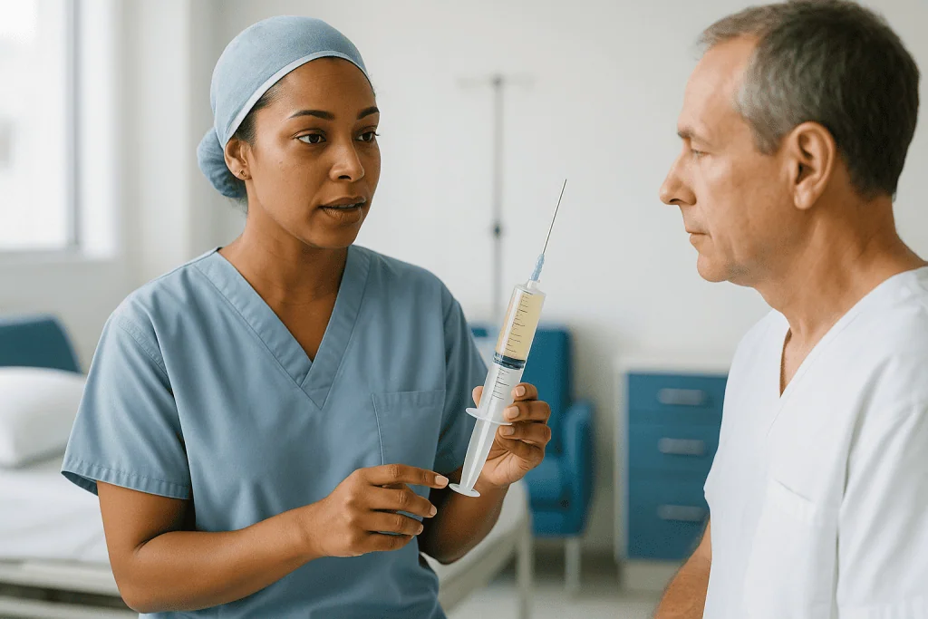 Healthcare provider discussing injection with patient: What is tumescent fluid and why does it go in first?
