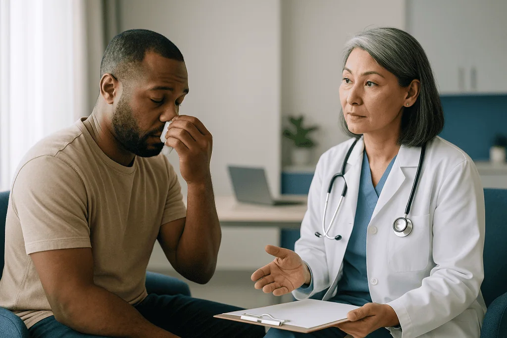Doctor consulting with male patient in office: What is type 3 halitosis, and what about causes outside the mouth?