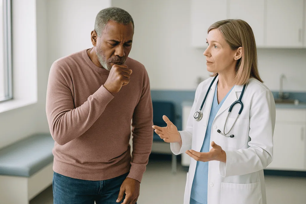 Doctor consulting with adult male patient in clinic: What is walking pneumonia, and why is it called that?