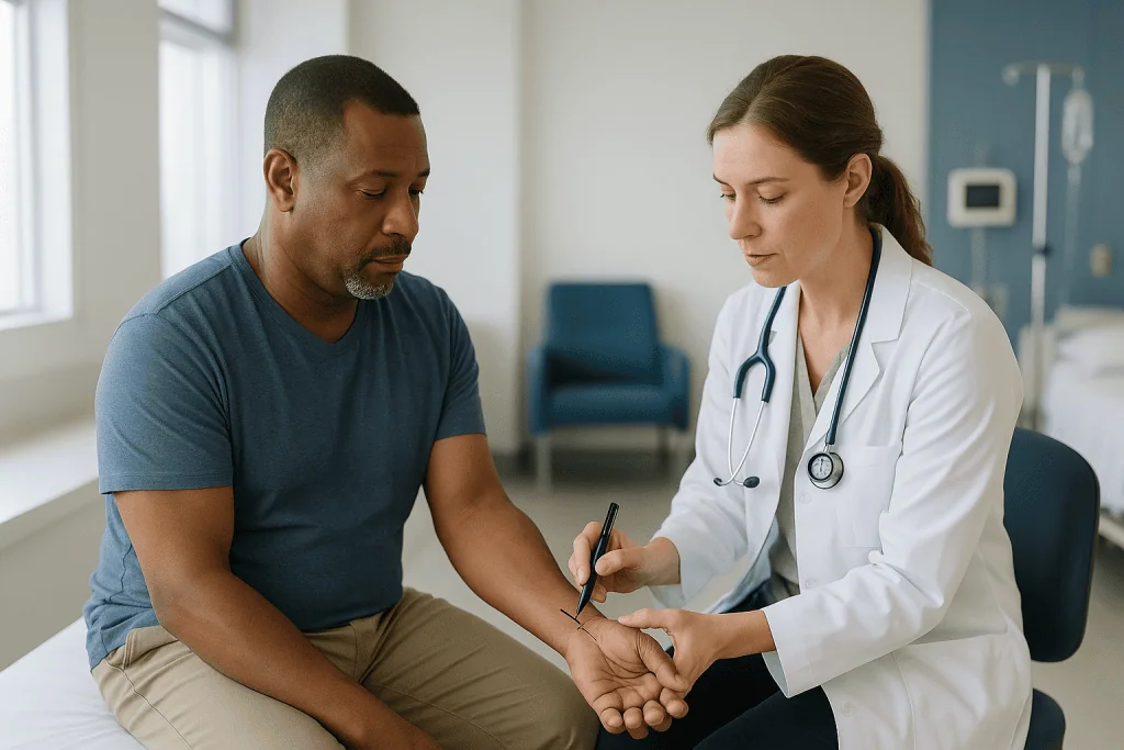 Doctor examining patient's arm during consultation: What is z plasty scar revision, and how does it actually work?