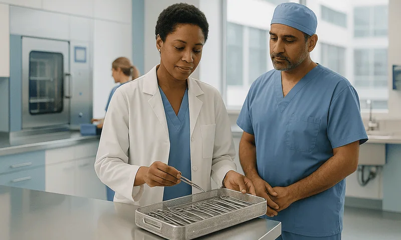 Medical professionals examining surgical instruments in a hospital lab.