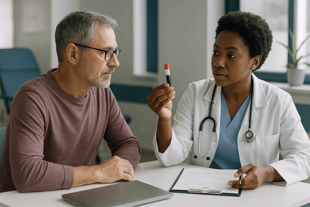 Doctor consulting male patient about blood test results: What labs should be monitored with testosterone? The core panel exp