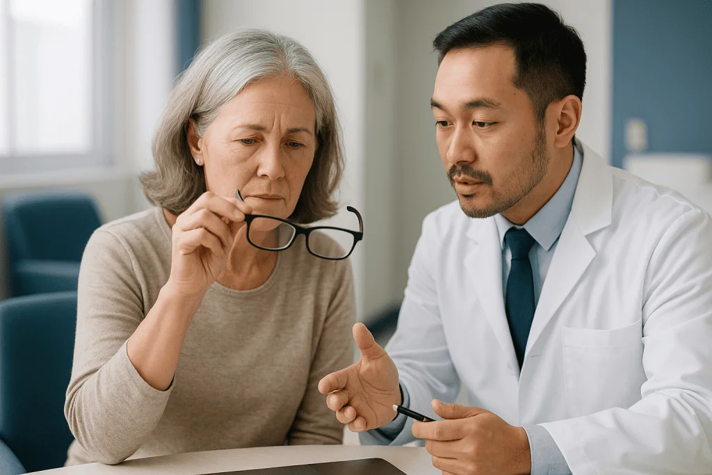 Doctor consulting senior female patient about eyeglasses — What LASIK actually does to your cornea
