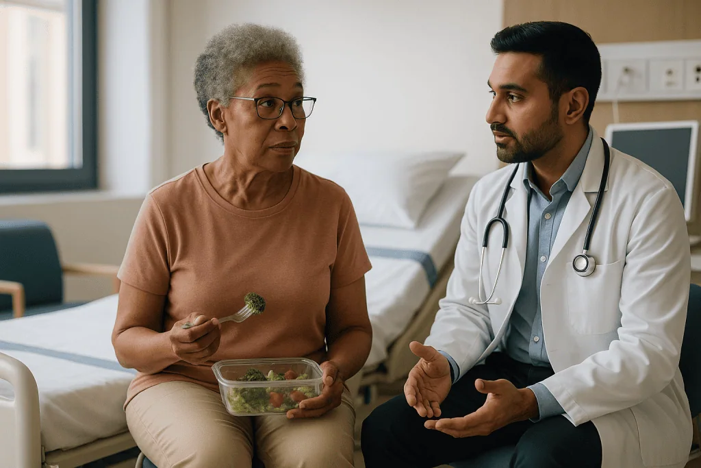 Doctor consulting patient about healthy diet with salad: What level of creatinine requires dialysis? Why there is no magic n