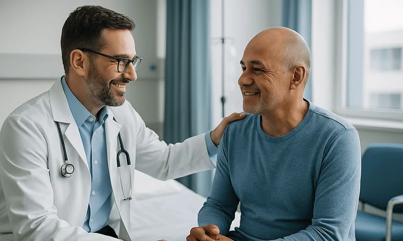Doctor comforting a patient in a hospital room during recovery.