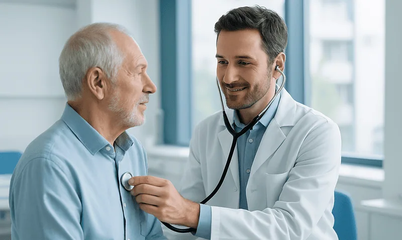 Doctor examining elderly patient with stethoscope in clinic setting.