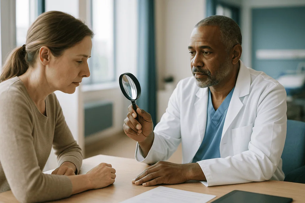 Doctor consulting patient with magnifying glass examination: What magnification do surgeons use? A plain comparison