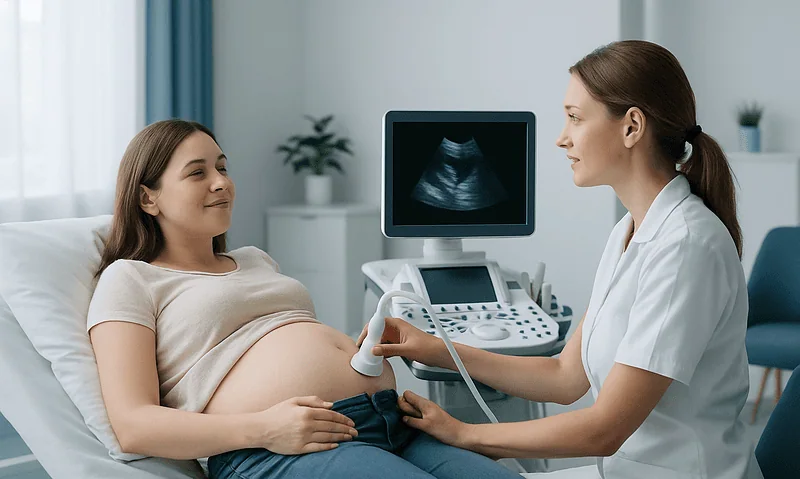 Pregnant woman having ultrasound exam in a medical clinic.