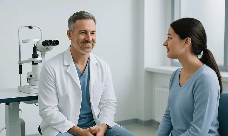 Blog 9 Optometrist consulting with patient in a modern clinic setting.