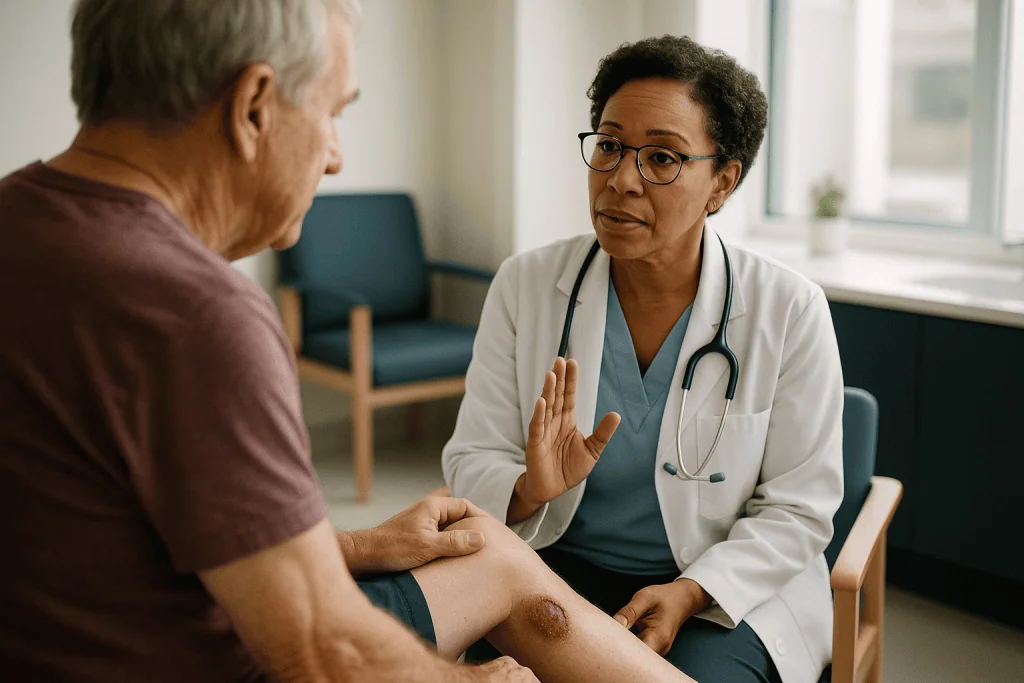 Doctor consulting with male patient about arm wound: What makes wounds chronic? The big four causes