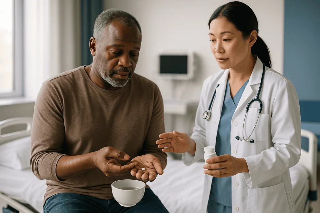 Doctor consulting adult patient in hospital room: What medicines do in congenital heart disease, and what they can't