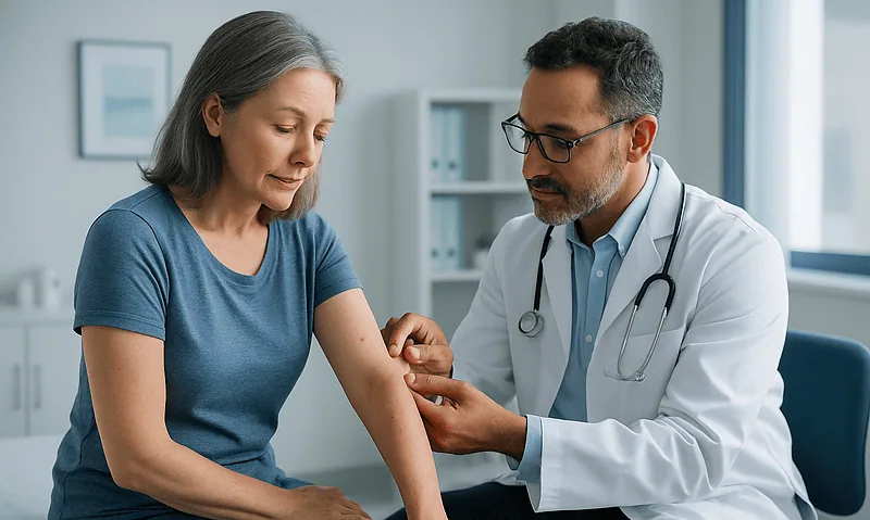 Doctor examining a woman's arm for skin issues at a hospital.
