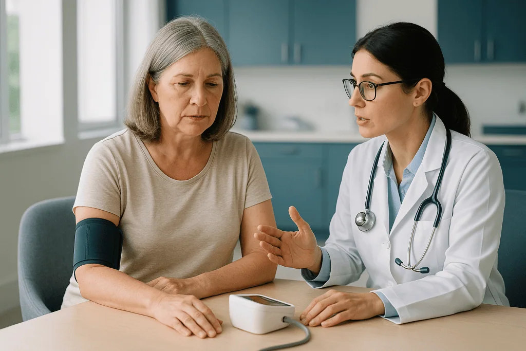 Doctor consulting with mature woman about health concerns: What metabolic syndrome is, in five measurements
