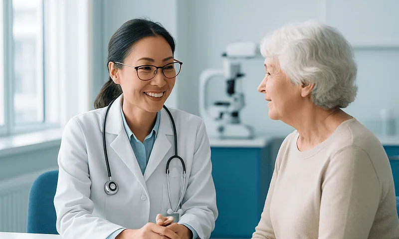 Optometrist consulting with elderly patient in a medical office.