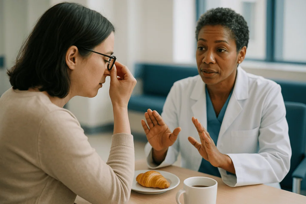 Doctor consulting patient over coffee and pastry: What myopia actually is, and why glasses only mask it