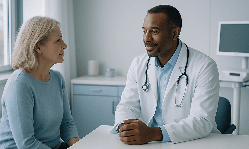 Doctor consulting with an elderly female patient in a medical office.