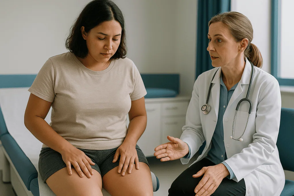 Doctor consulting with female patient in clinical setting: What normal labia look like before you judge the after