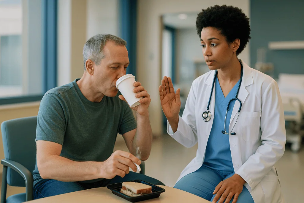 Doctor consulting with male patient over coffee and food: What not to do before an EMG: caffeine, nicotine and timing