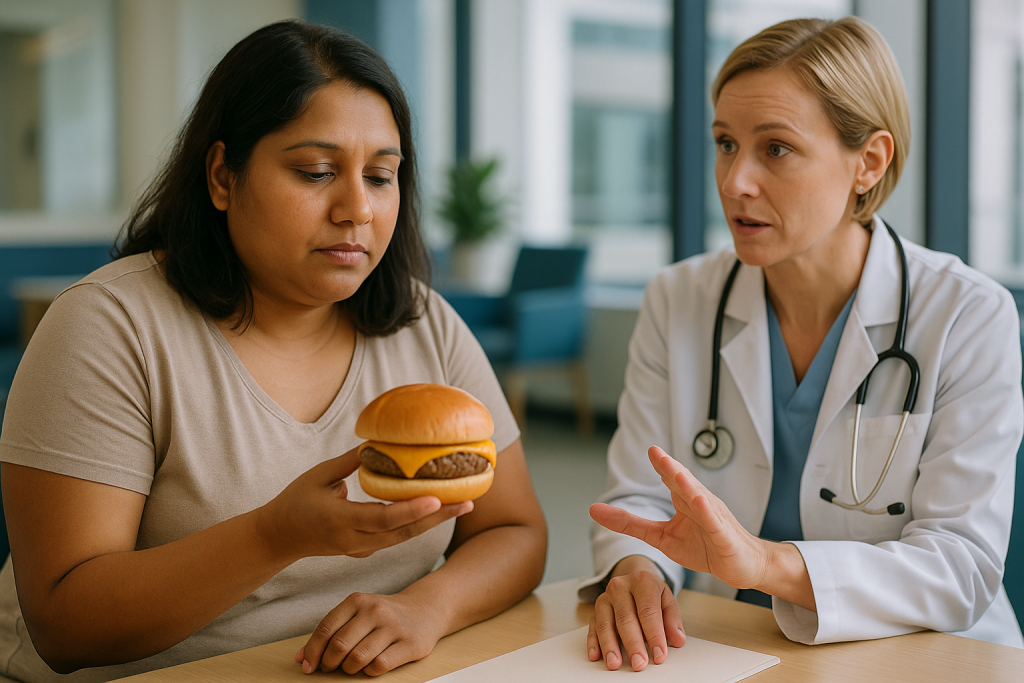 Doctor discussing diet with patient holding burger: What not to eat 7 days before surgery