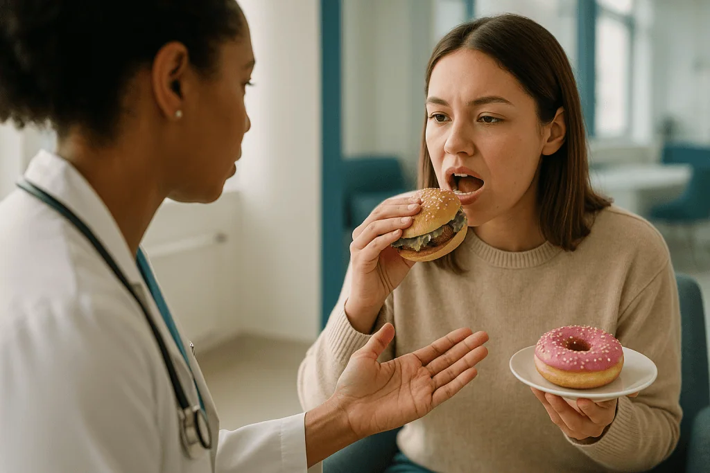 Woman eating burger while doctor gestures, with donut nearby: What not to eat after a tooth gem: the day-one food list, and 