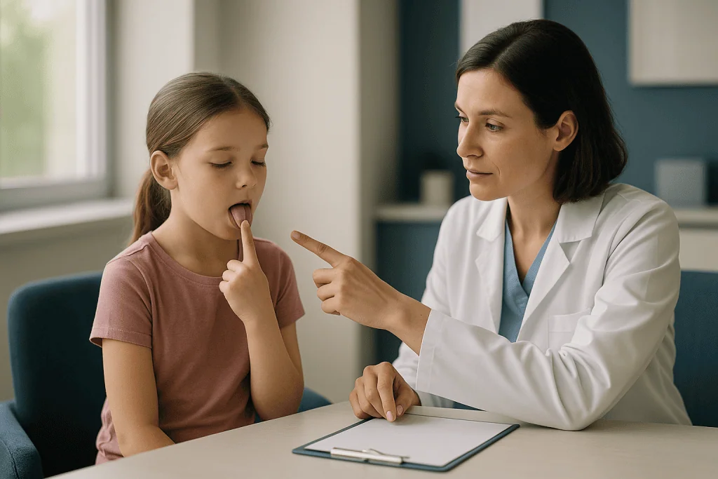 Doctor examining child's mouth and tongue during consultation: What orofacial myology actually means in plain language