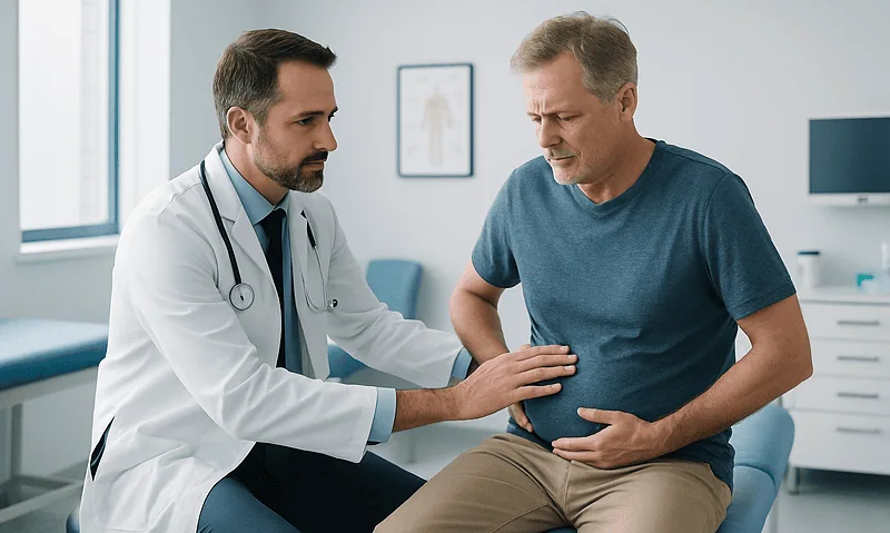 Doctor examining a man with stomach pain in a medical clinic.