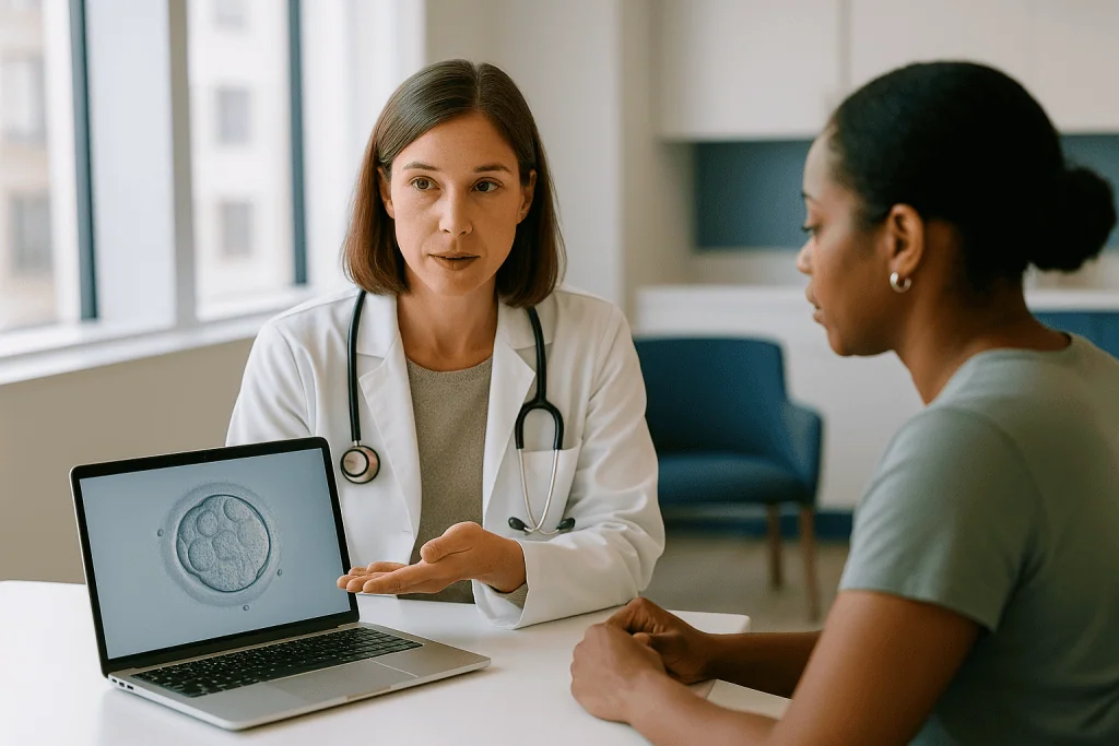Doctor consulting patient about medical imaging on laptop: What PGT-A testing in IVF actually looks at