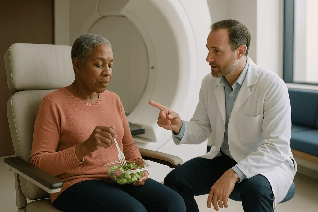 Doctor consulting patient about nutrition and salad: What photon radiation still does very well