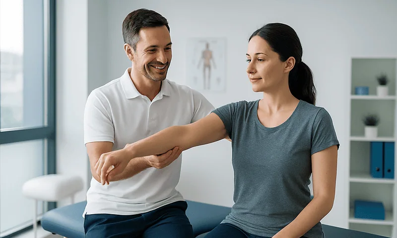 Physiotherapist assisting a woman with arm exercises in a clinic.