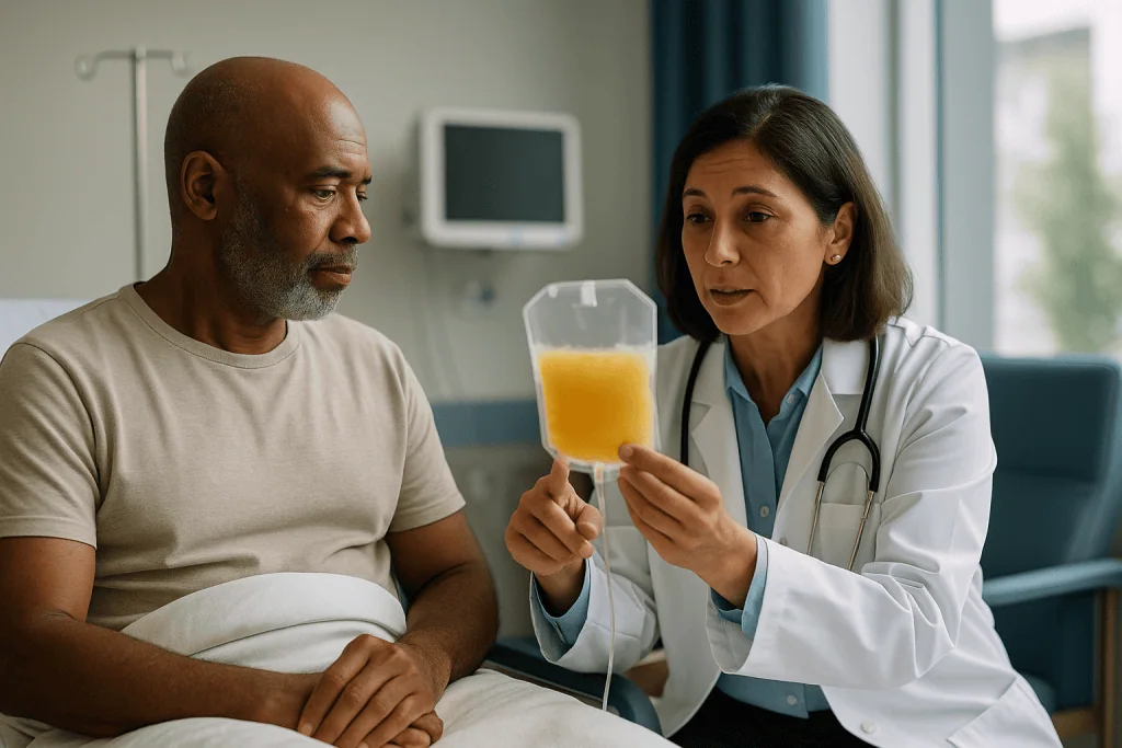 Doctor showing patient a glass of orange juice: What platelet count for transfusion do guidelines use?
