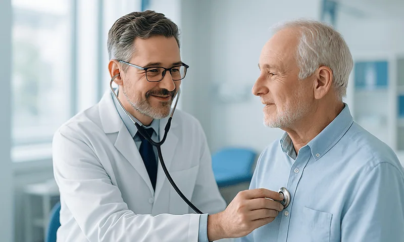 Doctor examining senior patient with stethoscope in clinic setting.