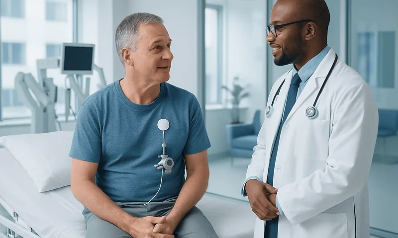 Patient talking with doctor in hospital room.
