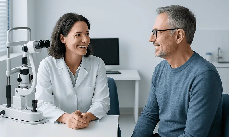 Optometrist consulting with a patient in a modern clinic setting.
