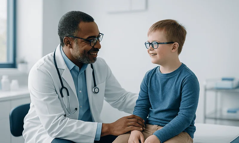 Pediatrician talking to a young boy with glasses in a clinic setting.