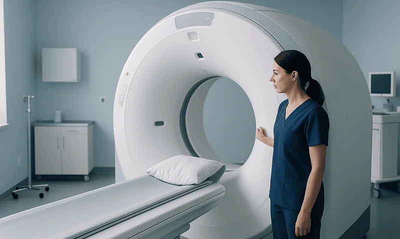 Medical professional prepares a patient for a CT scan in a hospital room.
