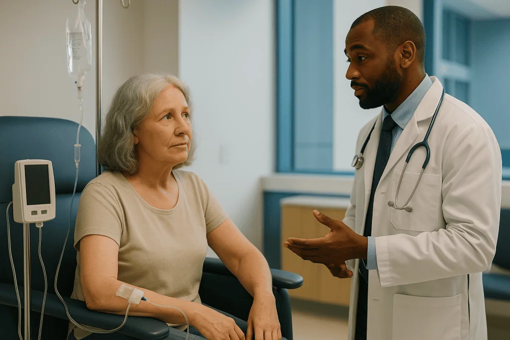 Doctor consulting elderly patient in clinical setting: What qualifies you for IVIG when antibodies are missing