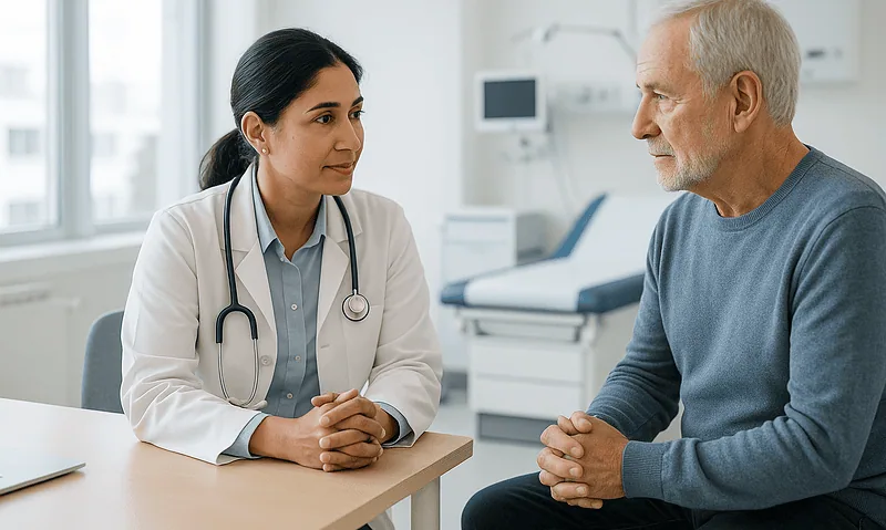 Doctor consulting with an elderly male patient in a hospital room.