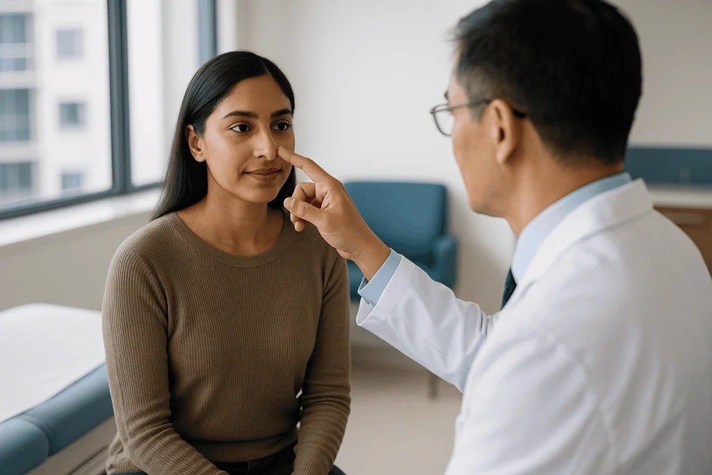 Doctor examining patient's face during consultation: What realistic ethnic rhinoplasty results look like