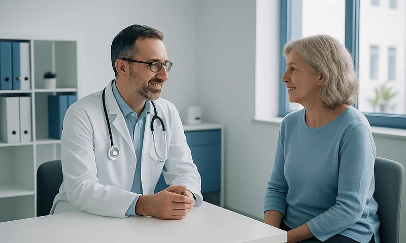 Doctor consulting with an elderly female patient in a modern clinic.