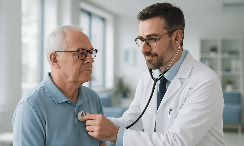Cardiologist examining an elderly patient with a stethoscope in a modern clinic.