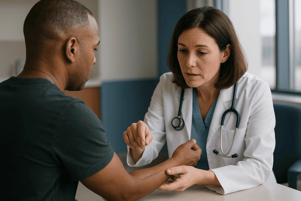 Doctor examining patient's arm during consultation: What reconstructive surgery after an injury actually involves